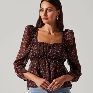 ASTR the Label Floral Print Smocked Babydoll Top in Brown Pink Ditsy Size Medium